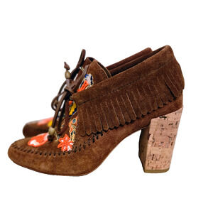 TORY BURCH HUNTINGTON EMBROIDERED FRINGE SUEDE BOOTIE LACE Size 6